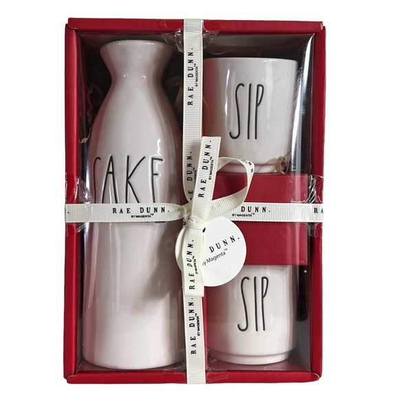Rae Dunn SAKE SIP SIP Set 1 Pitcher 2 Small Sip Cups White Ceramic Red Box - Picture 3 of 8